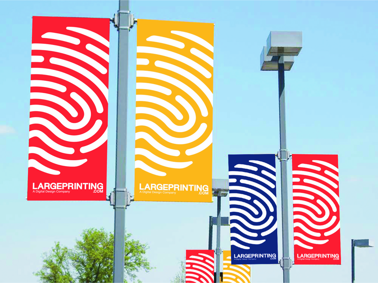 Pole Banners Banners hanging from poles with large white finger prints on red, yellow and blue